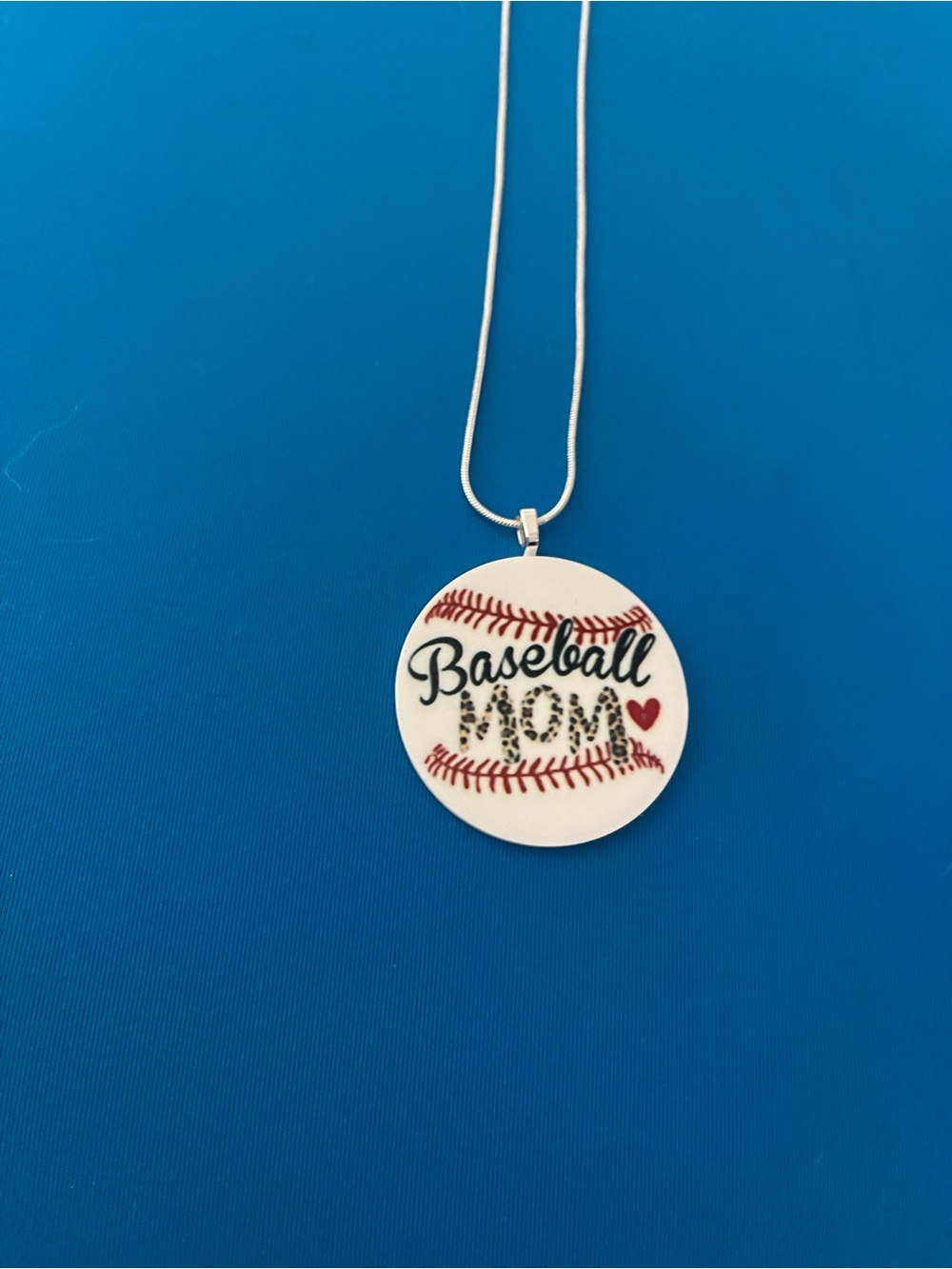 Baseball Mom Round Pendant Necklace - White & Red